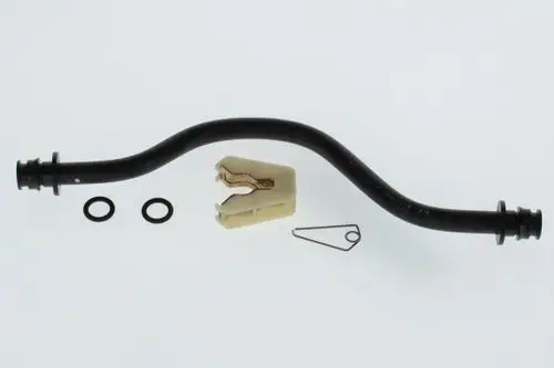 Bosch Rohr mit gebogener Form, zwei O-Ringen, einer Halterung und einer Klammervorrichtung zur Verbindung oder Befestigung in einem technischen System.